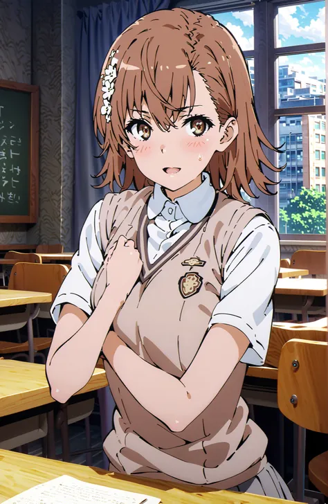 Misaka Mikoto , short hair, brown hair, hair ornament that grabs Narmaya's chest, hair flower, brown eyes in the bedroom,smile,blush,open your mouth,
skirt for ears, shirt, uniform, white shirt, Short Sleeves, pleated skirt for ears, grey skirt for ears, s...