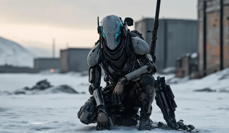 SCI_FACTOR_CORE, Recypu style, Cyberpunk highly detailed, high-resolution photograph. A futuristic, armored warrior crouching on a gritty, desolate snow-swept plain. The subject's head is covered by a sleek, metallic plain helmet that obscures the face,...