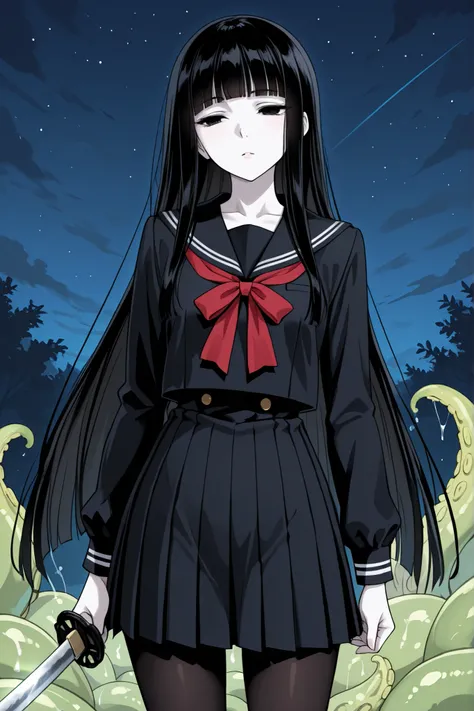 1 girl, beautiful girl,adult,18 years old,black eyes,narrow eyes,black hair, very long hair,blunt bangs,skinny,masterpiece,general,highres, ultra-detailed,very aesthetic,best quality ,best hands,best eyes,perfect anatomy,anime coloring,easynegative,black l...