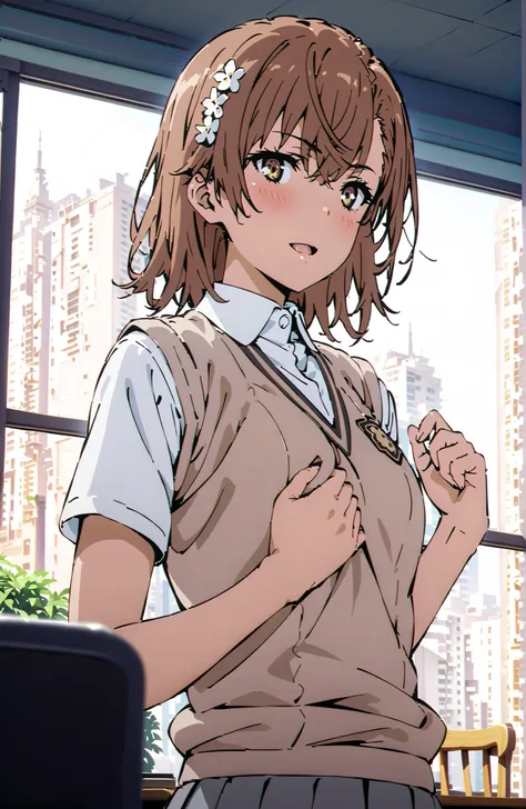 Misaka Mikoto , short hair, brown hair, hair ornament that grabs Narmaya's chest, hair flower, brown eyes in the bedroom,smile,blush,open your mouth,
skirt for ears, shirt, uniform, white shirt, Short Sleeves, pleated skirt for ears, grey skirt for ears, s...
