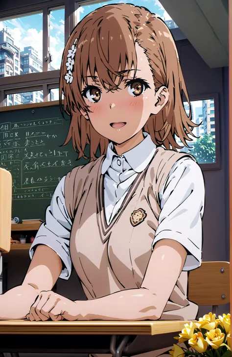 Misaka Mikoto , short hair, brown hair, hair ornament that grabs Narmaya's chest, hair flower, brown eyes in the bedroom,smile,blush,open your mouth,
skirt for ears, shirt, uniform, white shirt, Short Sleeves, pleated skirt for ears, grey skirt for ears, s...