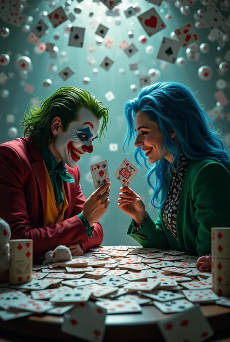 male joker playing a card game with his twin  female joker,  at a table made of playing cards.  female joker long blue hair, green jacket. All the walls are covered with playing cards.