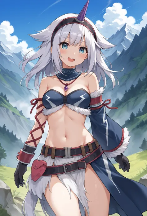 ( score_9:0.9), score_8_up, score_7_up,rating_explicit, anime style,(zPDXL), r armor, purple single horn headband, young_girl, Alone, long_gloves, black_knee_high , white_long_hair, shaggy_bang,Blue Eyes, under the arm, arms, medium_breasts , black_tub...