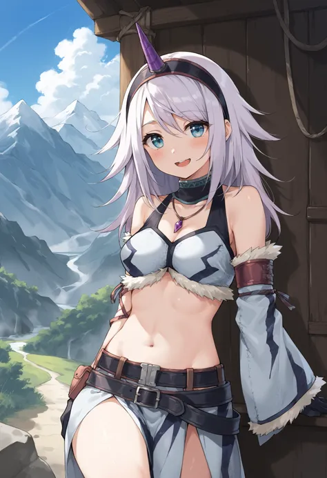 ( score_9:0.9), score_8_up, score_7_up,rating_explicit, anime style,(zPDXL), r armor, purple single horn headband, young_girl, Alone, long_gloves, black_knee_high , white_long_hair, shaggy_bang,Blue Eyes, under the arm, arms, medium_breasts , black_tub...