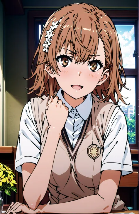 Misaka Mikoto , short hair, brown hair, hair ornament that grabs Narmaya's chest, hair flower, brown eyes in the bedroom,smile,blush,open your mouth,
skirt for ears, shirt, uniform, white shirt, Short Sleeves, pleated skirt for ears, grey skirt for ears, s...