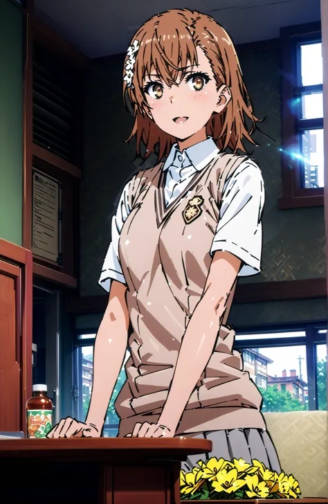 Misaka Mikoto , short hair, brown hair, hair ornament that grabs Narmaya's chest, hair flower, brown eyes in the bedroom,smile,blush,open your mouth,
skirt for ears, shirt, uniform, white shirt, Short Sleeves, pleated skirt for ears, grey skirt for ears, s...