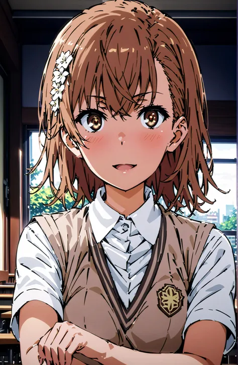 Misaka Mikoto , short hair, brown hair, hair ornament that grabs Narmaya's chest, hair flower, brown eyes in the bedroom,smile,blush,open your mouth,
skirt for ears, shirt, uniform, white shirt, Short Sleeves, pleated skirt for ears, grey skirt for ears, s...