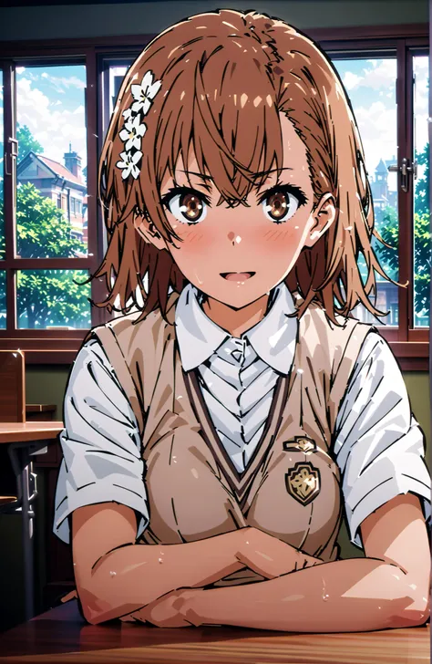 Misaka Mikoto , short hair, brown hair, hair ornament that grabs Narmaya's chest, hair flower, brown eyes in the bedroom,smile,blush,open your mouth,
skirt for ears, shirt, uniform, white shirt, Short Sleeves, pleated skirt for ears, grey skirt for ears, s...