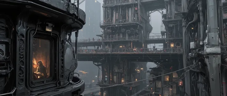 dark scifi antigravity floating dystopian brutalist city atmospheric view