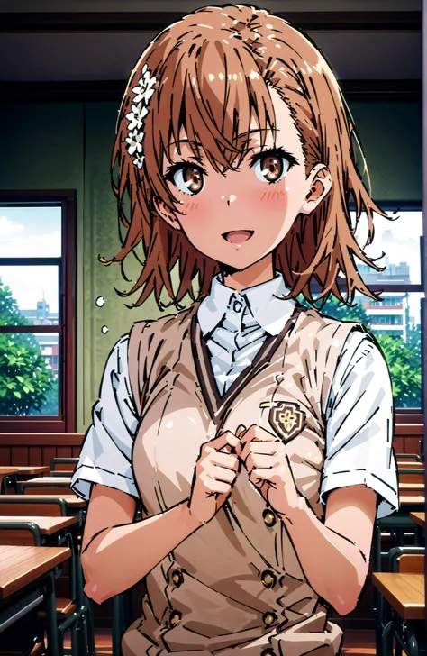 Misaka Mikoto , short hair, brown hair, hair ornament that grabs Narmaya's chest, hair flower, brown eyes in the bedroom,smile,blush,open your mouth,
skirt for ears, shirt, uniform, white shirt, Short Sleeves, pleated skirt for ears, grey skirt for ears, s...