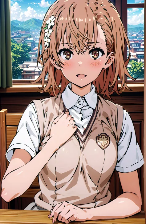 Misaka Mikoto , short hair, brown hair, hair ornament that grabs Narmaya's chest, hair flower, brown eyes in the bedroom,smile,blush,open your mouth,
skirt for ears, shirt, uniform, white shirt, Short Sleeves, pleated skirt for ears, grey skirt for ears, s...