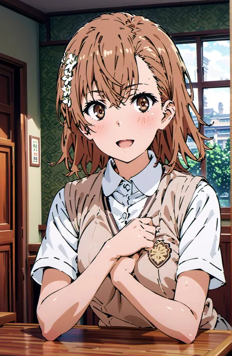 Misaka Mikoto , short hair, brown hair, hair ornament that grabs Narmaya's chest, hair flower, brown eyes in the bedroom,smile,blush,open your mouth,
skirt for ears, shirt, uniform, white shirt, Short Sleeves, pleated skirt for ears, grey skirt for ears, s...