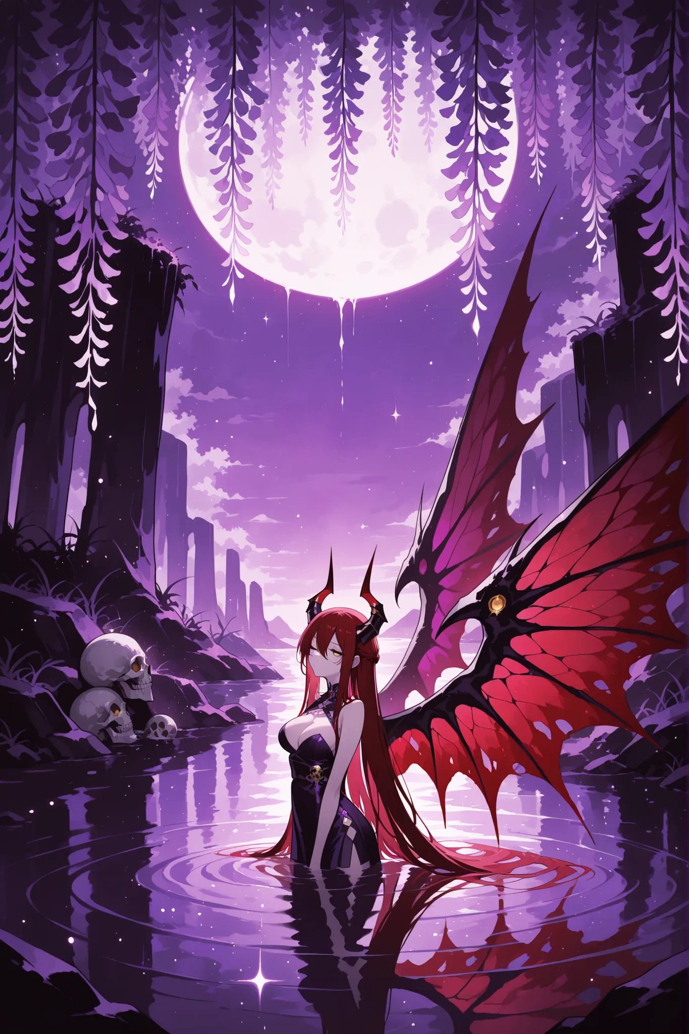 1 girl , golden eyes , very long hair , long sidelocks, red hair ,half updo, petite , very cute , beautiful ,Straight hair, cool, handsome, hair between eyes, sexy, female, mediumlarge breasts, lovely, mysterious purple streams, pulled down, red demon horn...