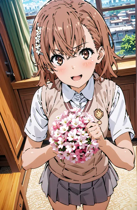 Misaka Mikoto , short hair, brown hair, hair ornament that grabs Narmaya's chest, hair flower, brown eyes in the bedroom,smile,blush,open your mouth,
skirt for ears, shirt, uniform, white shirt, Short Sleeves, pleated skirt for ears, grey skirt for ears, s...