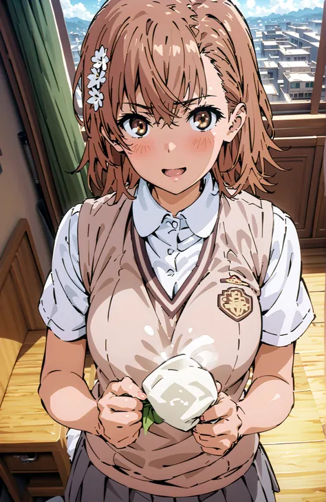 Misaka Mikoto , short hair, brown hair, hair ornament that grabs Narmaya's chest, hair flower, brown eyes in the bedroom,smile,blush,open your mouth,
skirt for ears, shirt, uniform, white shirt, Short Sleeves, pleated skirt for ears, grey skirt for ears, s...