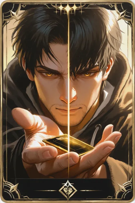 A mesmerizing close-up portrait of a handsome age male illuminated by the soft golden light of a quiet morning, with a system card , flying above his hand extended upwards.