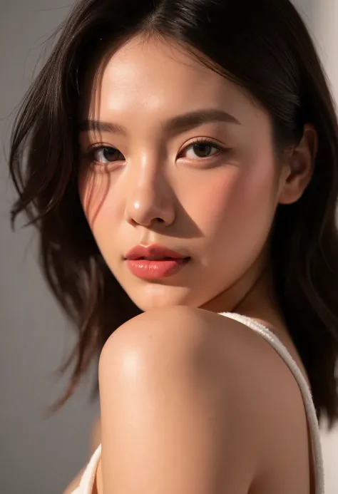 a close up portrait of a beautiful model with luminous white skin, fashionable makeup, intense gaze, dramatic expression, elegant posture, high fashion studio lighting, 8k, ultra-detailed, photorealistic, hdr, vivid colors, professional fashion photography...