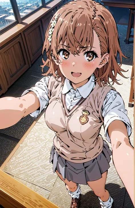 Misaka Mikoto , short hair, brown hair, hair ornament that grabs Narmaya's chest, hair flower, brown eyes in the bedroom,smile,blush,open your mouth,
skirt for ears, shirt, uniform, white shirt, Short Sleeves, pleated skirt for ears, grey skirt for ears, s...