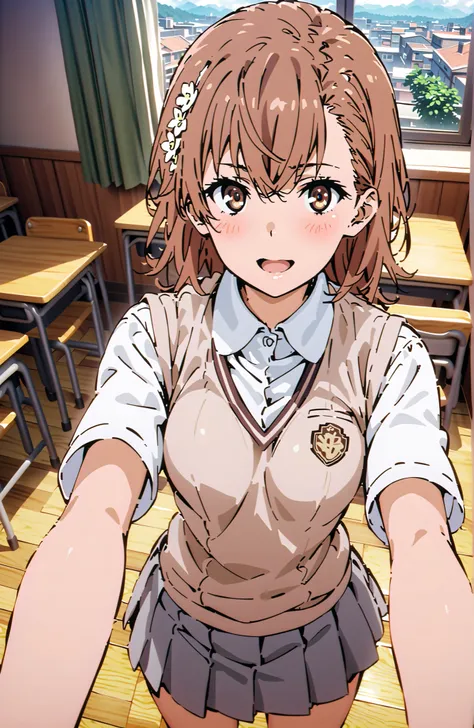 Misaka Mikoto , short hair, brown hair, hair ornament that grabs Narmaya's chest, hair flower, brown eyes in the bedroom,smile,blush,open your mouth,
skirt for ears, shirt, uniform, white shirt, Short Sleeves, pleated skirt for ears, grey skirt for ears, s...