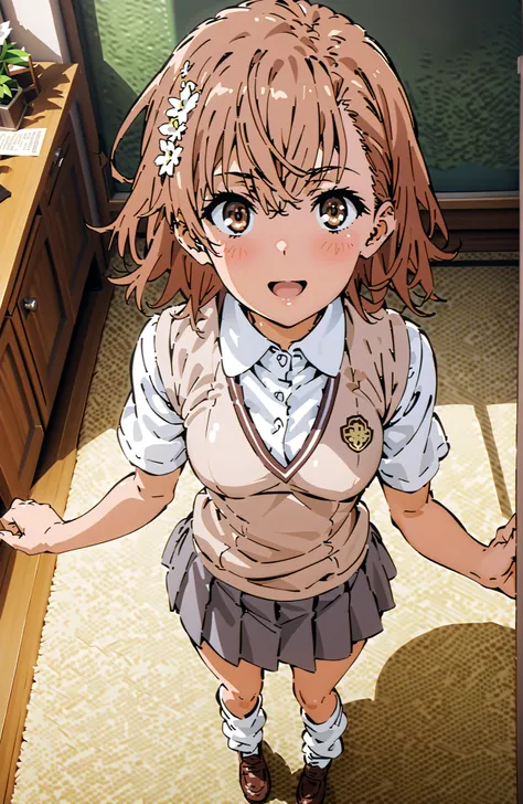 Misaka Mikoto , short hair, brown hair, hair ornament that grabs Narmaya's chest, hair flower, brown eyes in the bedroom,smile,blush,open your mouth,
skirt for ears, shirt, uniform, white shirt, Short Sleeves, pleated skirt for ears, grey skirt for ears, s...