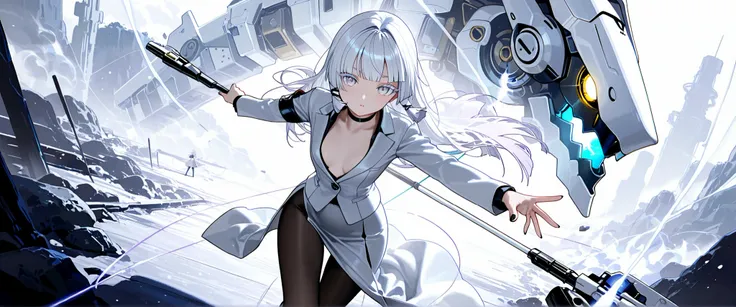 1girl, light lavender eyes, lush light lavender eyelashes, white Hair, straight bang, hime cut, flat Breast, black and white suit, long slit skirt, Choker, pantyhose, nail polish, black nails, masterpiece, best quality, Perfect details, perfect composition...
