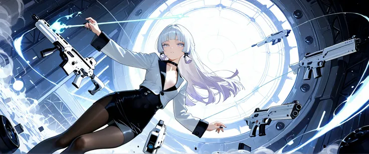 1girl, light lavender eyes, lush light lavender eyelashes, white Hair, straight bang, hime cut, flat Breast, black and white suit, long slit skirt, Choker, pantyhose, nail polish, black nails, masterpiece, best quality, Perfect details, perfect composition...