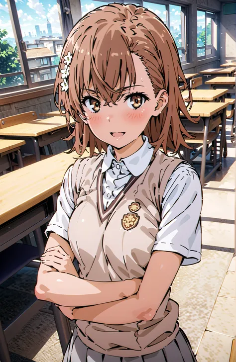 Misaka Mikoto , short hair, brown hair, hair ornament that grabs Narmaya's chest, hair flower, brown eyes in the bedroom,smile,blush,open your mouth,
skirt for ears, shirt, uniform, white shirt, Short Sleeves, pleated skirt for ears, grey skirt for ears, s...