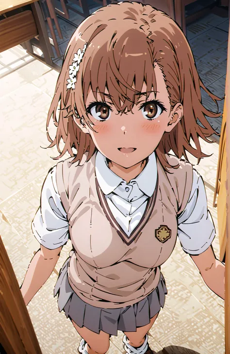 Misaka Mikoto , short hair, brown hair, hair ornament that grabs Narmaya's chest, hair flower, brown eyes in the bedroom,smile,blush,open your mouth,
skirt for ears, shirt, uniform, white shirt, Short Sleeves, pleated skirt for ears, grey skirt for ears, s...