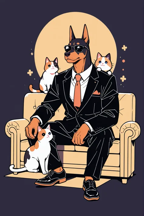 sunglasses A Doberman in a suit and a calico cat are sitting clear。monochrome background