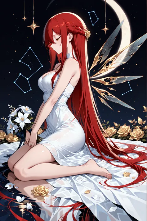 illustration of an angel looking down from the moon to hold flowers, 1 girl , golden eyes , very long hair , long sidelocks, red hair ,half updo, petite , very cute , beautiful ,Straight hair, cool, handsome, hair between eyes, sexy, female, mediumlarge br...