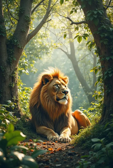 high quality, 8K Ultra HD, A beautiful double exposure a mighty lion was sleeping in the jungle