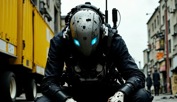 a cyber information scout dressed in dark mechanical armor, equipped with advanced visual devices that cover the face with a glowing display - an ascii art smiley face is visible on the screen. The bleaked yellow and black background accentuates the silhou...