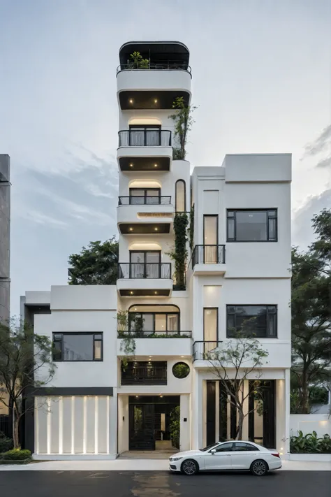 RAW photo, a photo of a modern house, (curvilinear archrchitecture:1.4), Wabisabi style rounded wall, white wall, steel black gate, sidewalk, sidewalk trees, ((grey gate:1.2)), road, viet nam modern residence, ((architectural shot)), rough white wall, new ...