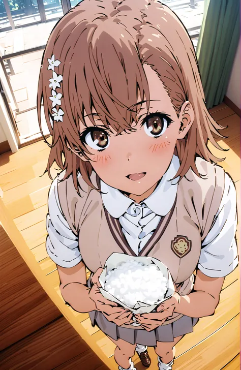 Misaka Mikoto , short hair, brown hair, hair ornament that grabs Narmaya's chest, hair flower, brown eyes in the bedroom,smile,blush,open your mouth,
skirt for ears, shirt, uniform, white shirt, Short Sleeves, pleated skirt for ears, grey skirt for ears, s...