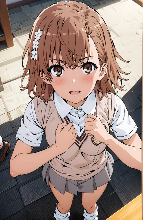 Misaka Mikoto , short hair, brown hair, hair ornament that grabs Narmaya's chest, hair flower, brown eyes in the bedroom,smile,blush,open your mouth,
skirt for ears, shirt, uniform, white shirt, Short Sleeves, pleated skirt for ears, grey skirt for ears, s...