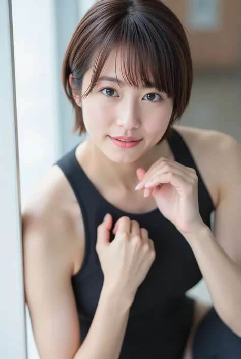 Beautiful woman with overwhelmingly beautiful short hair、active pose、tight bodysuit that fits the body、perfect body、Race Queen Style