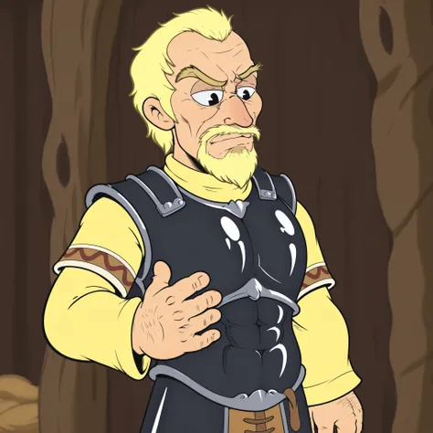 Rubberhose, toon \(style\) blonde hair, askellad, mature male, old man
armor, black breastplate, yellow shirt