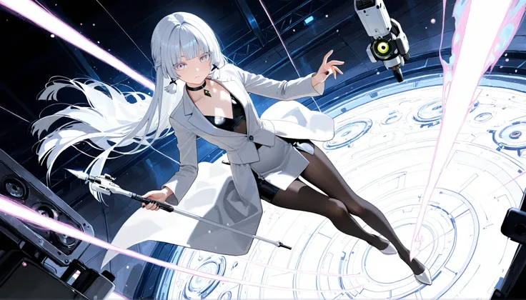 1girl, light lavender eyes, lush light lavender eyelashes, white Hair, straight bang, hime cut, flat Breast, black and white suit, long slit skirt, Choker, pantyhose, nail polish, black nails, masterpiece, best quality, Perfect details, perfect composition...