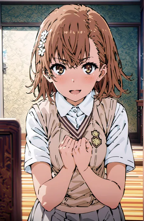 Misaka Mikoto , short hair, brown hair, hair ornament that grabs Narmaya's chest, hair flower, brown eyes in the bedroom,smile,blush,open your mouth,
skirt for ears, shirt, uniform, white shirt, Short Sleeves, pleated skirt for ears, grey skirt for ears, s...