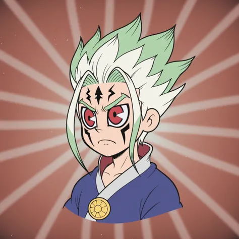 Rubberhose, toon \(style\) senkuu_ishigami, green hair, red eyes, multicolored hair, two-tone hair, white hair, facial mark