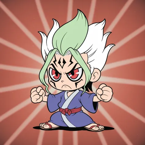 Rubberhose, toon \(style\) senkuu_ishigami, green hair, red eyes, multicolored hair, two-tone hair, white hair, facial mark