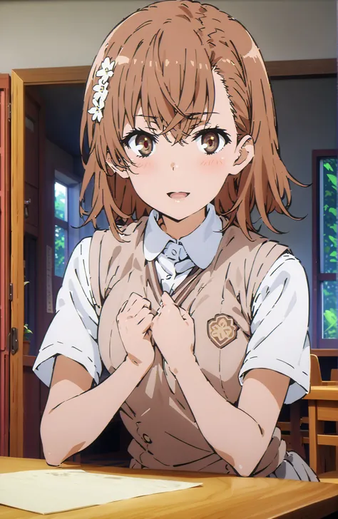 score_9, score_8_up, score_7_up, source_anime,Misaka Mikoto , short hair, brown hair, hair ornament that grabs Narmaya's chest, hair flower, brown eyes in the bedroom,smile,blush,open your mouth,
skirt for ears, shirt, uniform, white shirt, Short Sleeves, ...