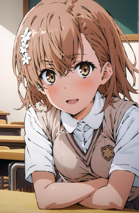 score_9, score_8_up, score_7_up, source_anime,Misaka Mikoto , short hair, brown hair, hair ornament that grabs Narmaya's chest, hair flower, brown eyes in the bedroom,smile,blush,open your mouth,
skirt for ears, shirt, uniform, white shirt, Short Sleeves, ...