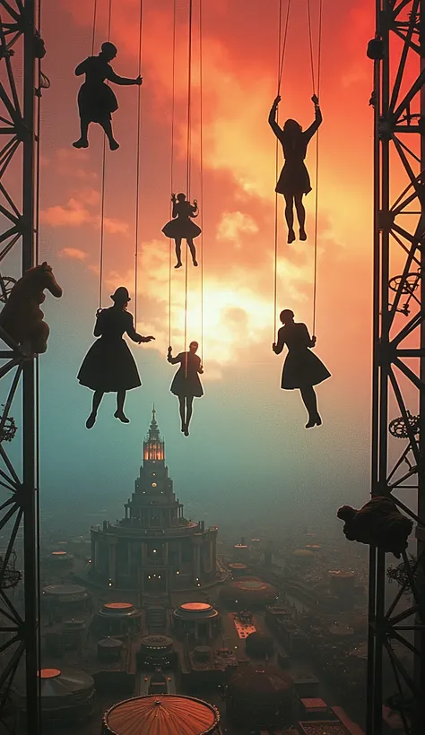 Surreal psycho pop. Intriguing people in the circus. Trapeze artists in action climb very high, Clockwork Orange film. Cinematic. 8K.