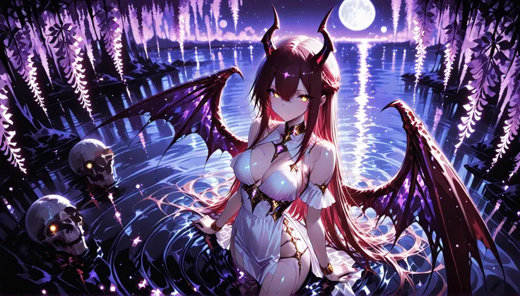 1 girl , golden eyes , very long hair , long sidelocks, red hair ,half updo, petite , very cute , beautiful ,Straight hair, cool, handsome, hair between eyes, sexy, female, mediumlarge breasts, lovely, mysterious purple streams, pulled down, red demon horn...