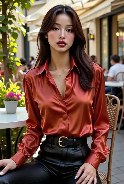 Various colors of satin shirts and high waist leather pants with harness or waist belts, sitting on a Parisian cafe terras, summer