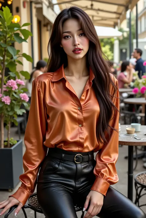 Various colors of satin shirts and high waist leather pants with harness or waist belts, sitting on a Parisian cafe terras, summer