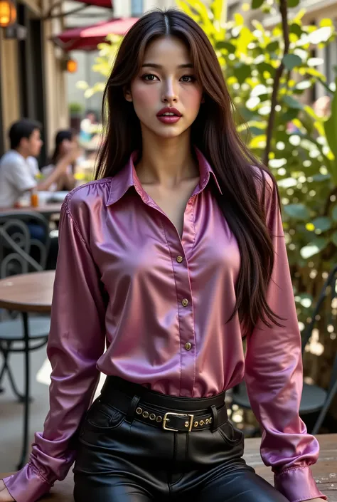 Various colors of satin shirts and high waist leather pants with harness or waist belts, sitting on a Parisian cafe terras, summer