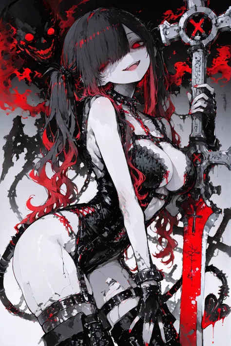 center opening, Chain Tornado Aura, jitome, Anime image depicting a woman holding a giant crucifix weapon in her hands, 1 girl, Kuroki Monika, red eyes, gradient hair, black hair, red hair, long hair, asymmetrical hairline, hair over right eye, ((large bre...