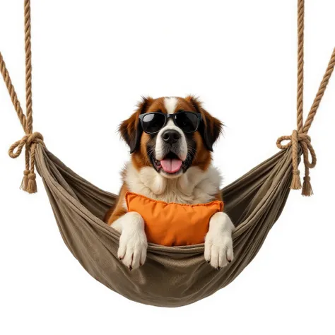 On the white background, there is a hilariously sweet scene: Saint Bernard sat comfortably in a hanging hammock, as if she is enjoying a summer vacation. She is either sitting, or lying on her side, hugging the mini pillow, Sunglasses, giving the image of ...